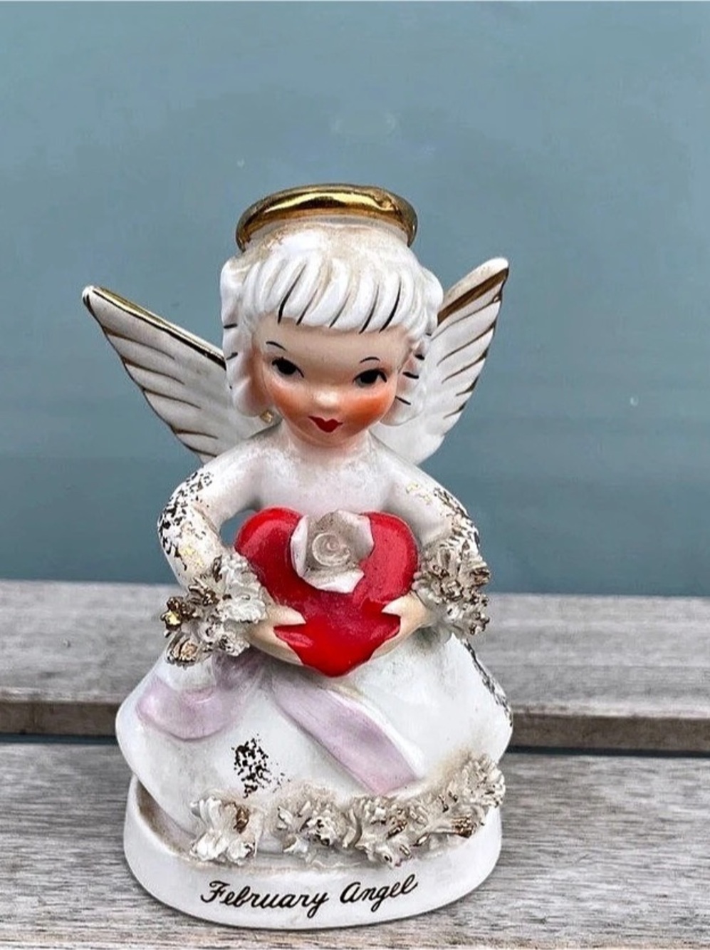 Vtg NAPCO February Angel Figurine Spaghetti Ceramic A1362 w/Stick Valentines Day